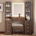 43.5" Fluted Makeup Vanity Desk, Large Glass Top Vanity Table with Mirror & Lights, 10 Drawers, 2 Transparent Glass Cabinets, Dressing Table Set with Stool and Charging Station, Brown