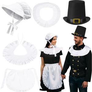 Breathffy 5 Pcs Thanksgiving Couple Costume Pilgrim Costume Women Colonial Set White Bonnet Shawl Apron and Men Pilgrim Set Hat in Black Color Shawl for Halloween Cosplay Adults Dress up Accessories