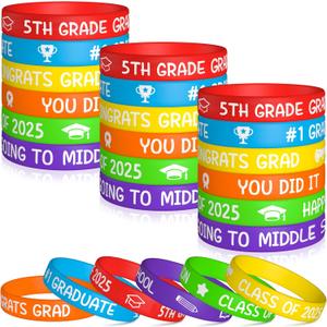 WATINC 5TH Grade Graduation Silicone Wristbands Set, Class of 2025 Happy Graduation Label Bracelets, Colorful Graduate Rubber Bracelet Party Favors Supply Decor for School Teacher Students(36Pcs)