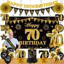 Guiruiy 25PCS 70th Birthday Decorations Kit for Men Women, Black Gold Happy 70th Bday Banner Balloon Centerpieces Swirls Party Supplies, Seventy Years Old Bday Sash Table Topper Swirl Paper Fans Set