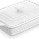 MALACASA Casserole Dish for Oven, 4.4 Qt Porcelain Baking Dish with Lid, 9x13 Baking Pan with Handles, Large Lasagna Pan Deep, Rectangular Bakeware, Microwave Safe, White, Series BAKE