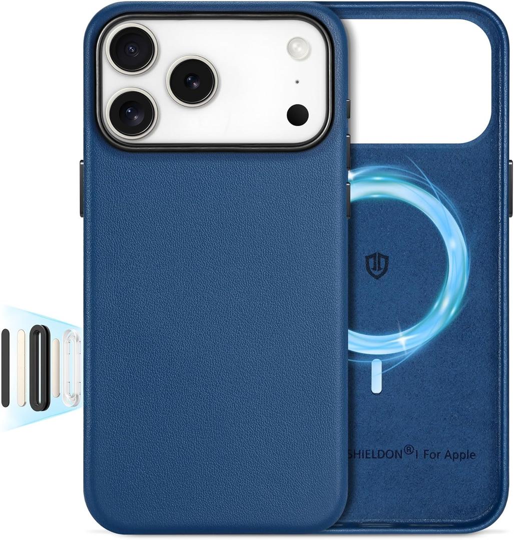 SHIELDON Leather Case for iPhone 17 Pro Max 6.9" 2025, [Camera Button Updated], Compatible with Magsafe, Slim Fit, Wireless Charging Magnetic, Shockproof, Metal Buttons, Camera Bump Frame - Royal Blue