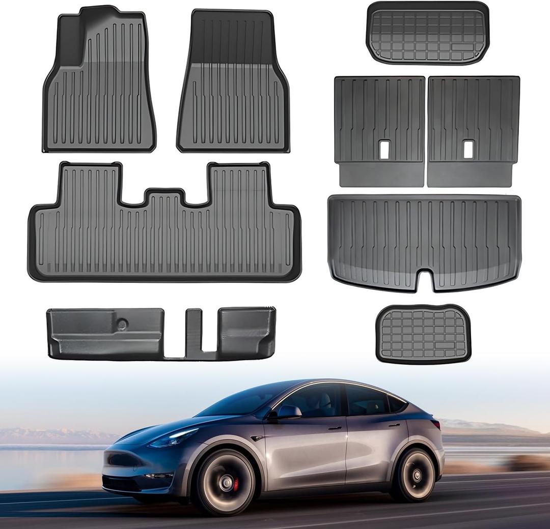 Floor Mat for Tesla Model Y 7 Seater 2020-2025 9PCS Full Set Floor Mats with Front Rear Cargo Liner for Model Y All Weather TPE Model Y Floor Mats with Back Seats Mats-7 Seater