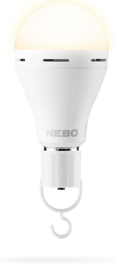 NEBO BLACKOUT BACKUP Emergency Bulb | 850 Lumens, 4 Light Modes, LED Rechargeable Light Bulb, Automatic Charging, Works Without Power, E26 Screw Base, Includes Power Cap & Portable Hanging Hook (Single)