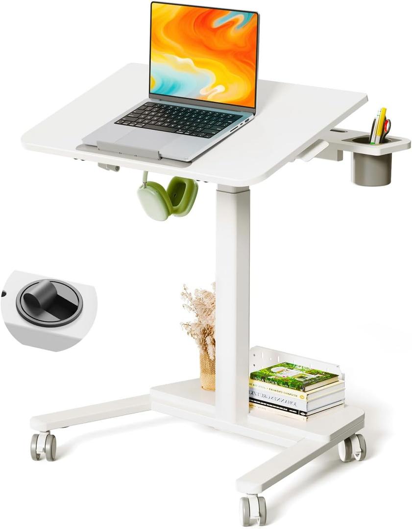 JYLH JOYSEEKER 28" Mobile Standing Desk, Height Adjustable Rolling Laptop Cart with 60 Tiltable Top & Storage Shelf, Stand up Desk on Wheels, Portable Workstation for Home Office, White