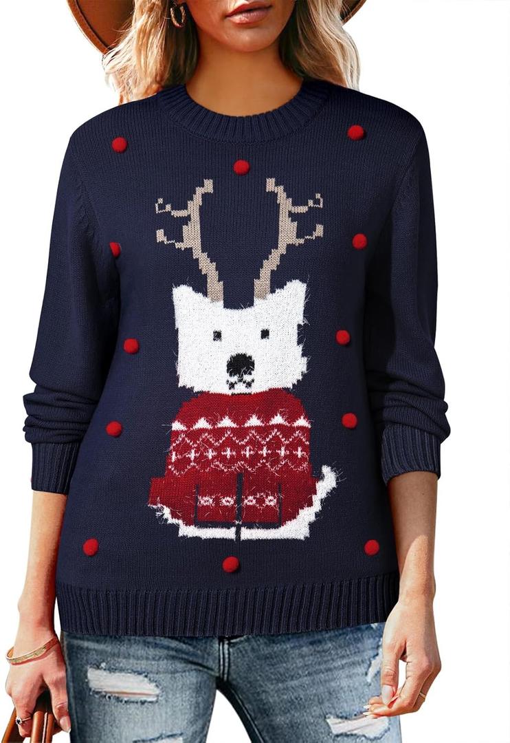 Pink Queen Women's 2025 Ugly Christmas Sweater Long Sleeve Knitted Pullove Xmas Jumpers Tops (Large, Fox)