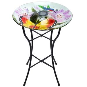 DREAM GARDEN Bird Bath for Outside, Glass Solar Birdbath with Foldable Metal Stand for Garden Yard Patio Lawn Decor, 20 Inch Height, Hummingbird