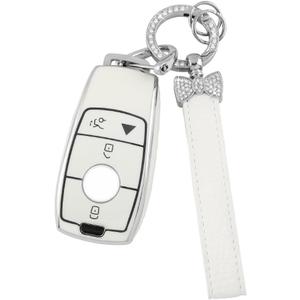 3 x 1797 Key Fob Cover for Mercedes Benz A C E G CLA CLS GLA SL Class Accessories Bling Keychain Car Smart Remote Case Shell Girly Cute 4 Button White Silver TPU