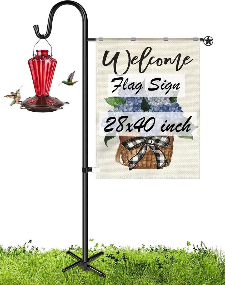 XDW-GIFTS Upgraded Garden Flag Holder Stand with Shepherd Hook for 28'' x 40'' Flags 60 in Heavy Duty Yard Flag Post Stake with 1 Clip for Outside (Without Solar Lights & Flag)