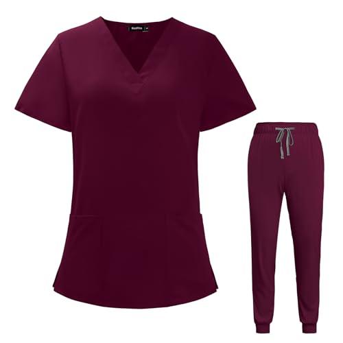 VIAOLI Scrubs for Women Set V-Neck Pocket Top & Drawstring Jogger Scrub Pants Stretch Nursing Scrubs Set Uniform L, Burgundy
