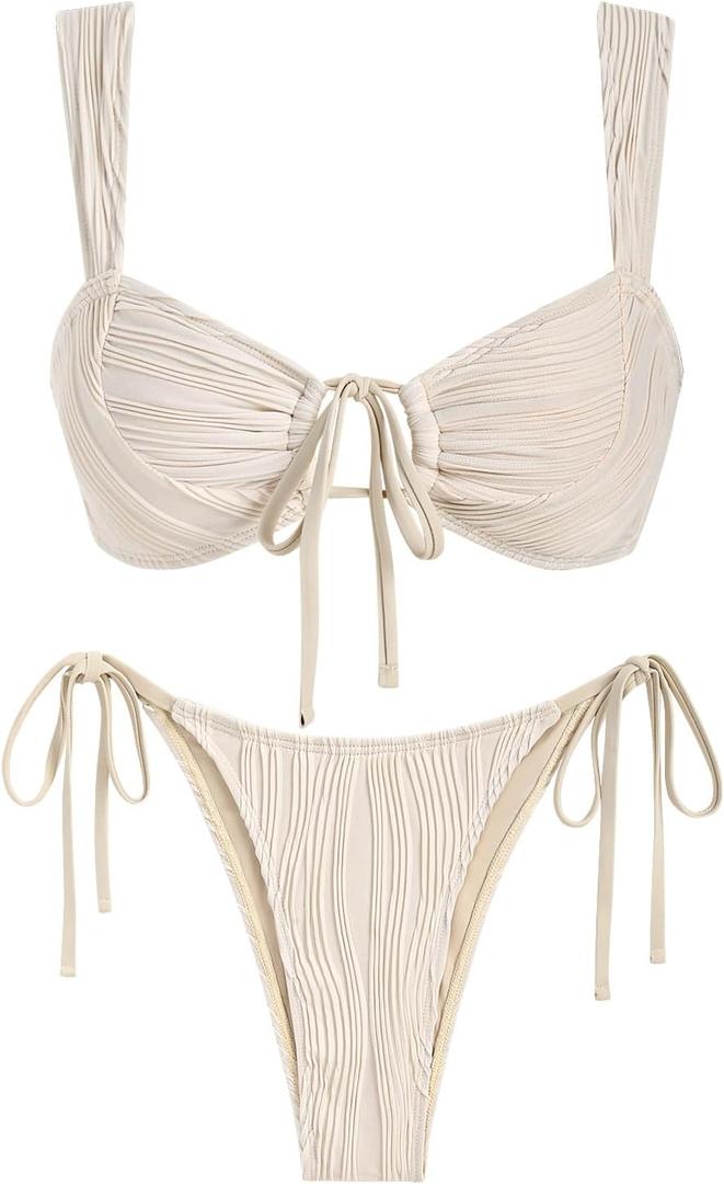 ZAFUL Women's Cinched Bikini Solid Color Wave Textured Knotted Tied Side Two Piece Swimsuit Bathing Suits (1-light Coffee,Small)