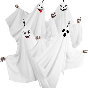 4PCS Hanging Ghosts Halloween Decorations With Skeleton Hands, Spooky & Cute Expression for Front Porch and Tree