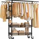 SOLEDI Heavy Duty Double Rod Clothes Rack, 1000 LBS Black, Shelves & Wheels Extendable, Height Adjustable, Lockable Wheels, Hooks, Tool-Free, Garment Rack Bedroom Closet Laundry, All-Steel Construction, 
17.7"D x 57"W x 71.6"H
