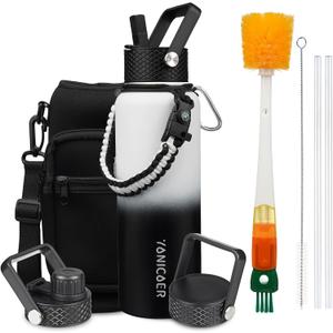 Insulated Water Bottle 40oz,Triple Wall Vacuum Stainless Steel(Dishwasher Safe),Leak Proof & Non-BPA,Flask Jug with Paracord Handle & Straw Spout Lids Sports Gradient black