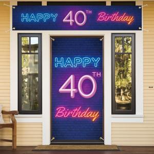 Neon Happy 40th Birthday Door Cover Porch Banner and Large Yard Sign Set Decor Colorful - Glow Neon Theme 40 Years Old Birthday Party Decoraions for Men Women Supplies