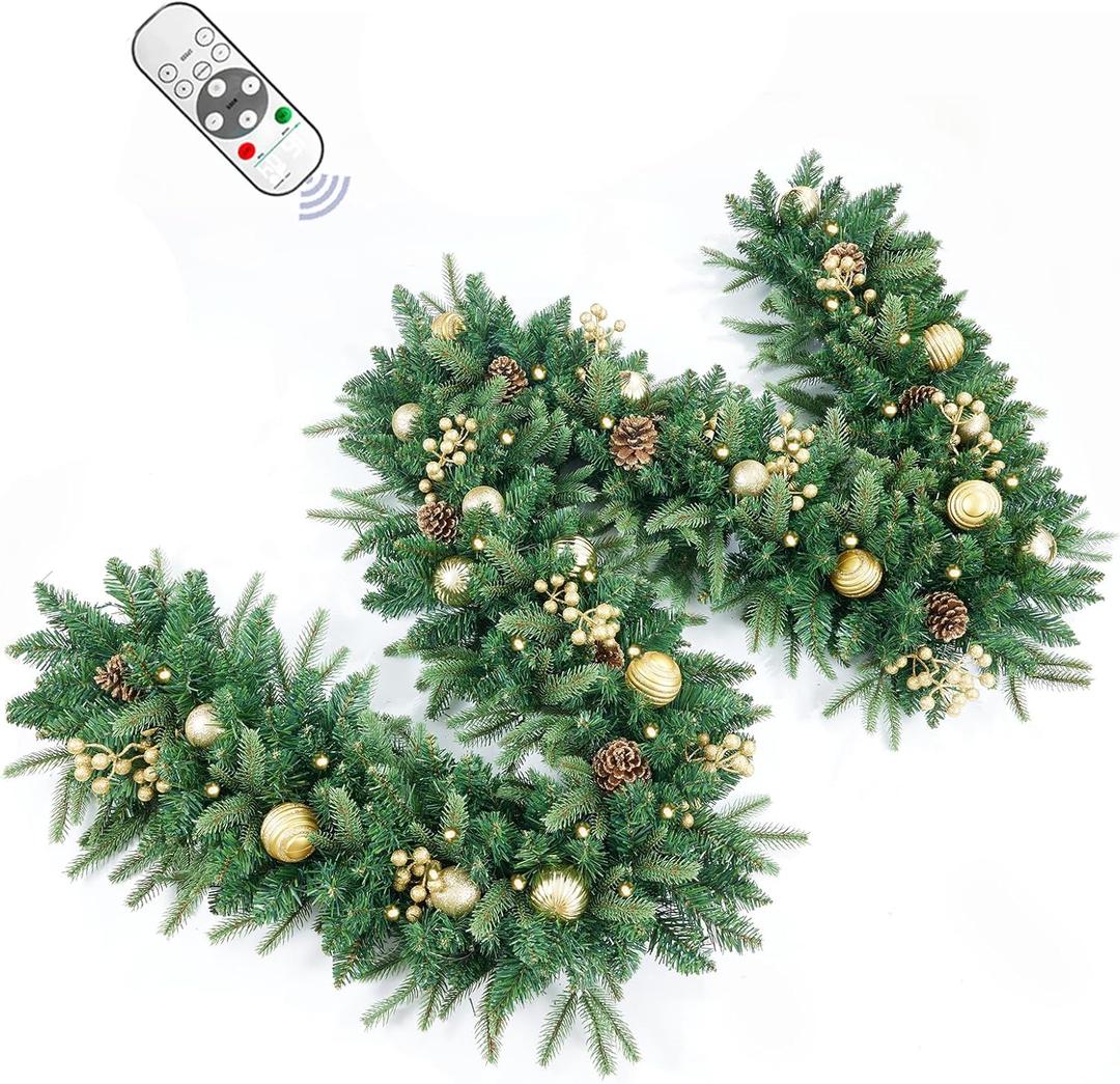 9FT Pre-Lit Artificial Christmas Garland with Dual Color LED Lights and Timer by Remote Control and Batteries Operated, Holiday Decorations, for Indoor Door Home Stairs Fireplaces Wall (Green Gold 9FT)