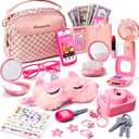Toddler Purse with Pretend Makeup for Girls, Little Girls Purse with Accessories Includes Pink Hand Fan, Unicorn Tattoos Sleep Mask for Kids, Pretend Princess Play Toys for 3 4 5 6 7 8 Year Old Girl
