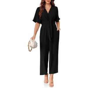 Cicy Bell Women's Elegant V Neck Jumpsuits Dressy Casual Short Sleeve Wide Leg Long Pants Rompers (X-Large, Black)
