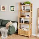 Bamjoy Bamboo Ladder Shelf, Bookshelf with 4 Display Shelves and 1 Open Storage Basket, Multifunctional Storage Rack Organizer for Home Office, Bedroom, Living Room, 66 H Natural, 11.6" Width