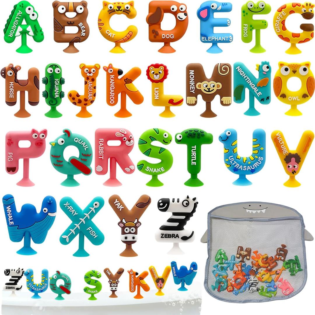 26PCS Suction Bath Toys Mold-Free | Bathtub Letters & Animal Sensory Toys with Shark Storage Organizer for Toddlers | Education Games | No Hole Silicone ABC Alphabet Learning Toys for Kids Ages 3-5