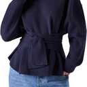 SHENHE Women's Fall Dressy Peplum Sweater Crew Neck Belted Cinched Waist Sweater Pullover (XS,Deep Blue)