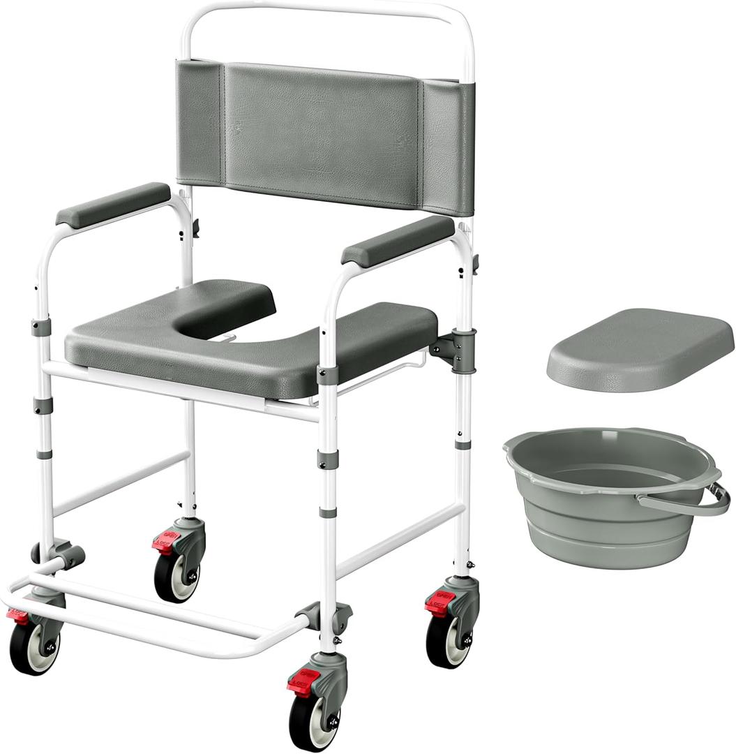 Bedside Commode with Wheels, Shower Wheelchair with 300 LBS Weight Capacity, Portable Toilet with Bucket for Elderly and Disabled (White,Gray)