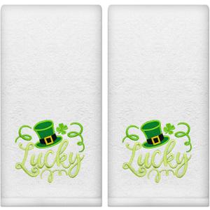 Hexagram St Patricks Day Hand Towels for Bathroom Set of 2, St Patricks Day Bathroom Decor Embroidered Lucky Green Hat Shamrock Pattern, Soft Luxury Hand Towels 14x30 Inches