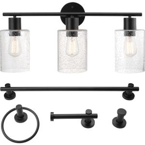 Globe Electric 51851 Bristol 5-Piece All-in-One Bathroom Set, Matte Black, 3-Light Vanity Light with Seeded Glass Shades, Towel Bar, Towel Ring, Robe Hook, Toilet Paper Holder