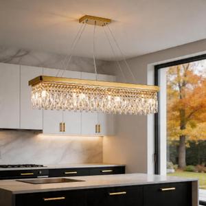 She's home Rectangular Modern Crystal Chandeliers for Dining Room 40",Gold Long Pendant Light Fixtures,K9 Raindrop Hanging Ceiling Light,Height Adjustable Linear Chandelier for Kitchen Over Table