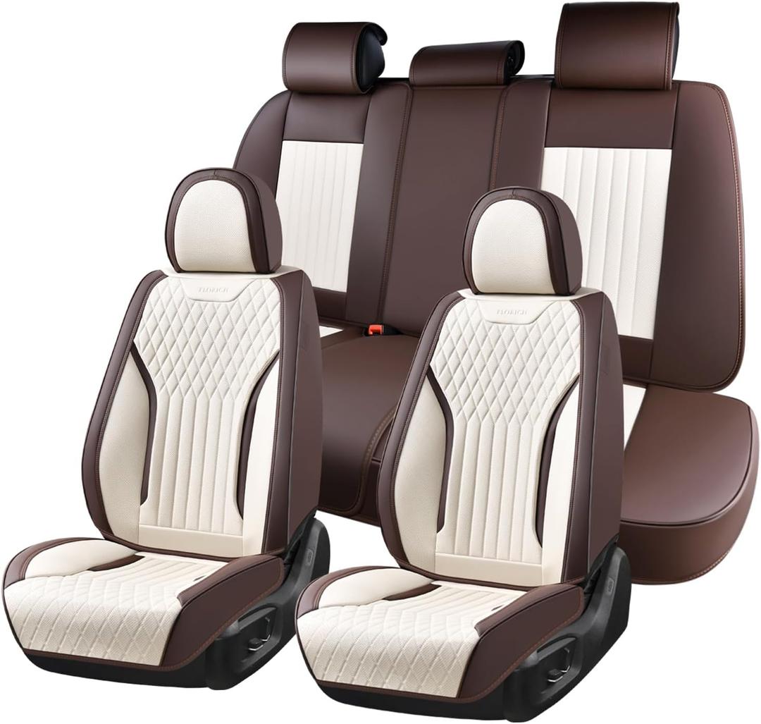 FLORICH Seat Covers Full Set Leather Automotive Seat Cover 5 Seats Waterproof Car Seat Cover Durable Car Seat Protector Easy to Clean and Install Universal Fit for Most Cars Trucks SUV, Coffee&Gray