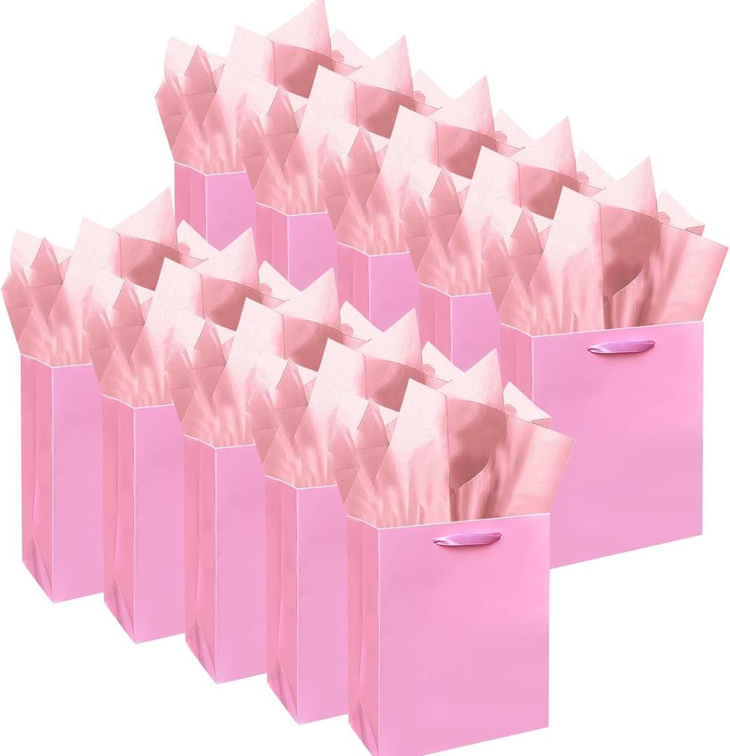 qiqee 10PCS Pink Mini Gift Bags with Tissue Paper Handles 6.3"x4.7"x2.4" Small Size Present Party Favor BagsTissue Paper