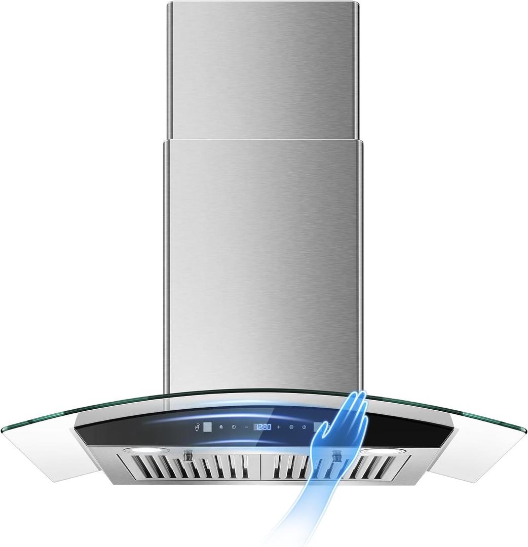 Range Hood 30 Inch, Tieasy Wall Mount Kitchen Hood with Ducted/Ductless Convertible Duct, Stainless Steel Chimney and Baffle Filters, Touch Control Fan Timer, LED Lights, 3 Speed Fan