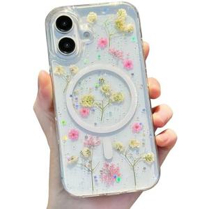 ASONCE Cute Real Flowers for iPhone 16 Plus Case [Compatible with MagSafe] Glitter Magnetic Cover with Pressed Dried Floral Women Girly Phone Case for iPhone" - Clear Sparkly