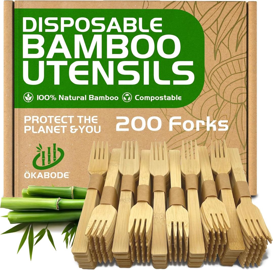 Bamboo Utensils  200 Pack Disposable Bamboo Forks | Splinter-Free Wood Compostable Silverware Alternative | Biodegradable Eco Friendly Wood Forks Substitute | Sustainable Utensils Set