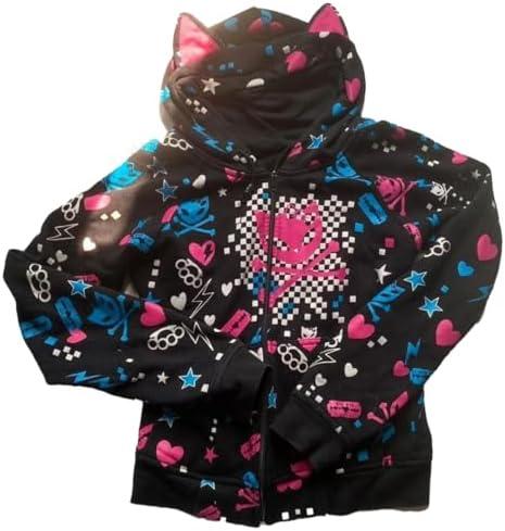 Womens Y2k Skulls Pattern Hoodies Kawaii Zip Up Clothes Punk Hip Hop Cat Ears Sweatshirts Cute Hoodie, L