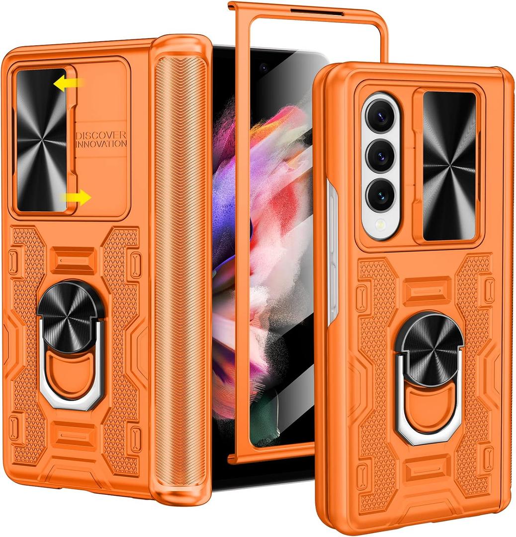 VEGO for Samsung Galaxy Z Fold 3 Case with Stand, Slide Camera Cover & Screen Protector & 360Ring Magnetic Kickstand Military Grade Heavy Duty Protective Case for Galaxy Z Fold 3- Orange