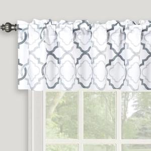 Moroccan Geo Valance for Windows of Kitchen Bedroom, Geometric Quatrefoil Trellis Printed Room Darkening Rod Pocket Short Valance Gray and White Window Curtains Valances 52" X 14", Gray (Grey)