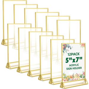 TonGass 12-Pack 5"x7" Gold Acrylic Picture Frames 3mm Gold Border Wedding Table Number Holders, Clear Double-Sided Acrylic Sign Holders for Weddings, Banquets, Parties, Centerpieces