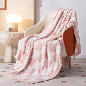 SeaRoomy Checkered Throw Blanket, Ultra Soft Microfiber Knit Throw Blanket, Cozy Fluffy Fuzzy Reversible Checkerboard Pink Blanket for Couch Sofa Bed Decor (Light Pink, 51"63")