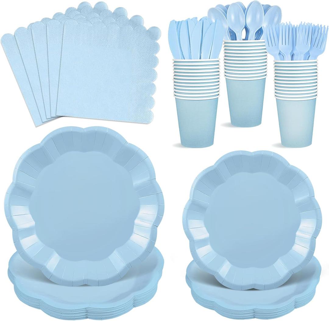 NatNarr 175 Pcs Light Blue Plates and Napkins Set, 25 Guest Blue Party Supplies Include Scalloped Plates Napkin Cup Forks Knives Disposable Plastic Cutlery for Wedding Boy Baby Shower Birthday
