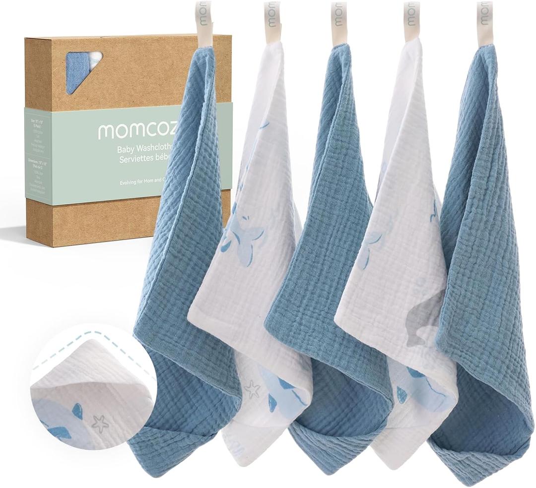 Momcozy Baby Washcloths - 4 Layer Design| Medium Thickness| Soft & Absorbent| Premium Cotton for Newborns' Skin-Great for Bathing, Wiping & on-the-go Use, Shower Gift and Essential(5 Pack, 10x10 inch) (Playful Dolphin)