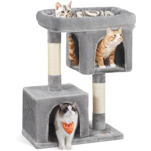 Feandrea Cat Tree, 33.1-Inch Cat Tower, Plush Condo for Large Cats up to 16 lb, Large Perch, 2 Caves, Scratching Post, Light Gray UPCT61W