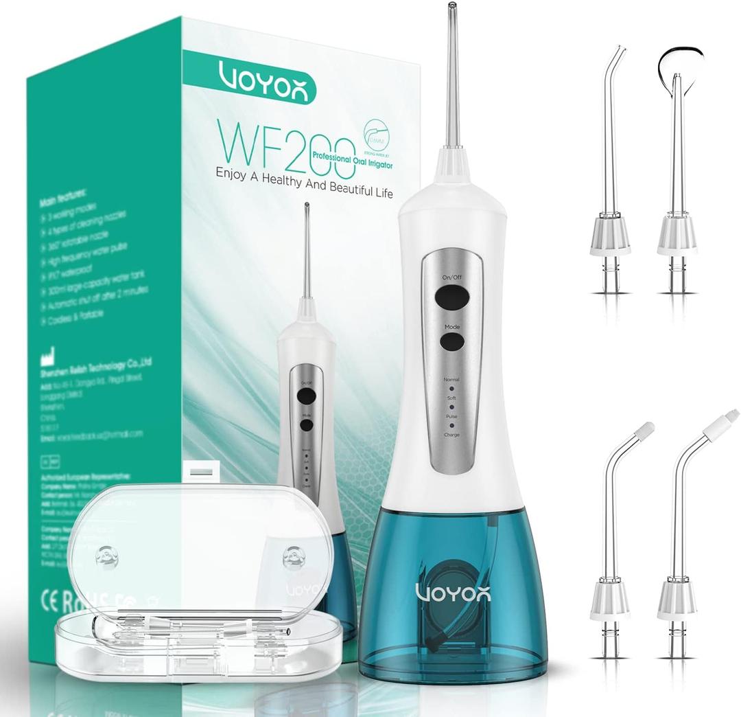 VOYOR Water Flosser Oral Irrigator Cordless Rechargeable Dental Water Jet Flosser with 3 Working Modes, IPX7 Waterproof for Teeth, Brace, Bridges Care WF200 (Blue)