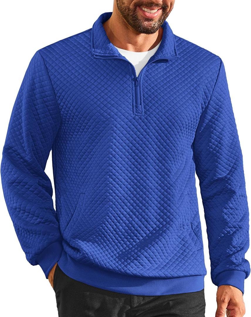 Vssjavun Mens Quarter Zip Pullover Quilted Sweatshirt Long Sleeve Casual Stand Collar Pullovers with Pockets (Blue, XL)