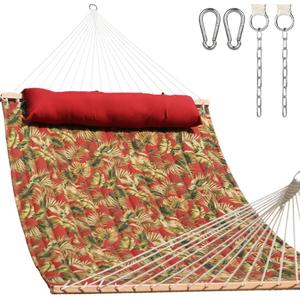Lazy Daze Hammocks 12FT Quilted Fabric Hammock with Soft Pillow, Double 2 Person Tree Hammock with Spreader Bar for Outside Patio Poolside Backyard Beach, 450 lbs Capacity, Red Leaf, Floral Red