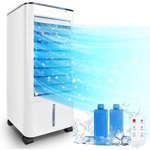 Evaporative Air Cooler, 3-IN-1 Windowless Portable Air Conditioner,Oscillation Swamp Cooler and Humidification-Includes Ice Packs-12 Hour Timer&Remote, Ideal for Home, Office, Bedroom, Kitchen (Pearl White)