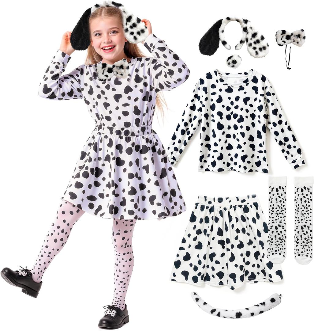 Dalmatian Dog Costume - 6-Piece 100 Days of School Outfit with Tutu, Shirt, Ears & Accessories Pet Week, School Spirit Day, Halloween (6-8years)