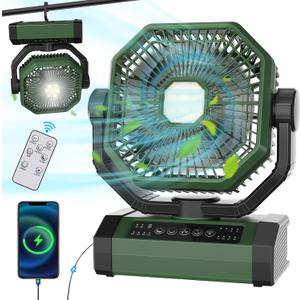 Rechargeable Auto Oscillating Fan with Remote & Timer & LED Light, 9-Inch 20000mAh Battery (70Hrs), Portable USB Fan for Camping, Travel, Worksite & Strong Hurricanes