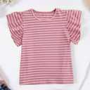 Girls Striped Shirt Flutter Sleeve Top Crewneck Cute Summer T Shirts Casual Tees Pink Stripe 11-12Y (Pink)