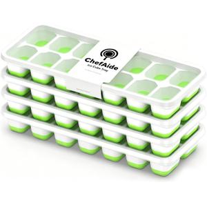 ChefAide 4Pack Ice Cube Trays with Lids, 56Cube Total Stackable Freezer Ice Trays, Durable Silicone & Plastic EasyRelease Ice Molds for Cocktails, Coffee & Drinks (Green)